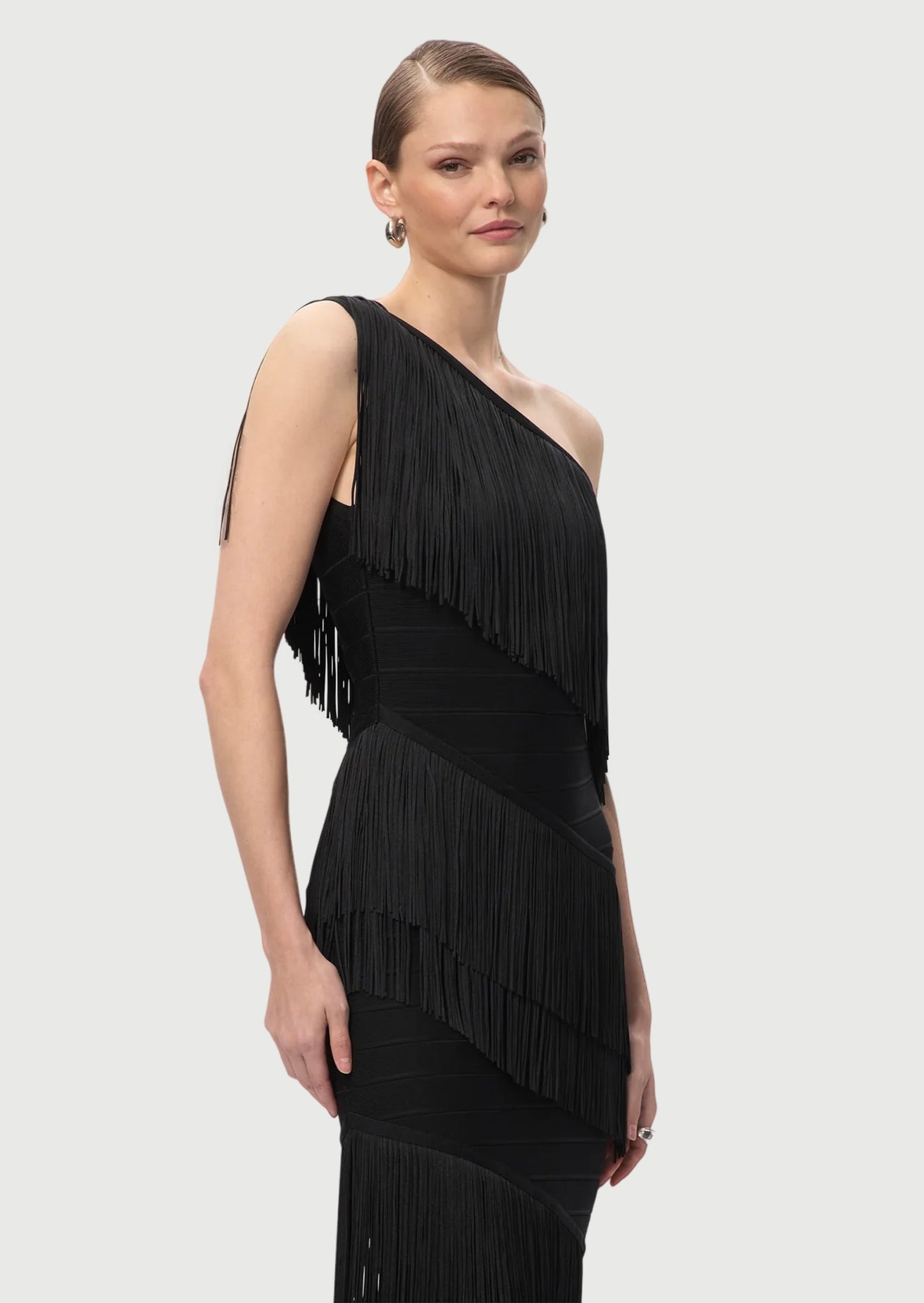 One Shoulder Cascading Fringe Maxi Dress