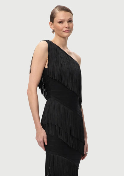 One Shoulder Cascading Fringe Maxi Dress