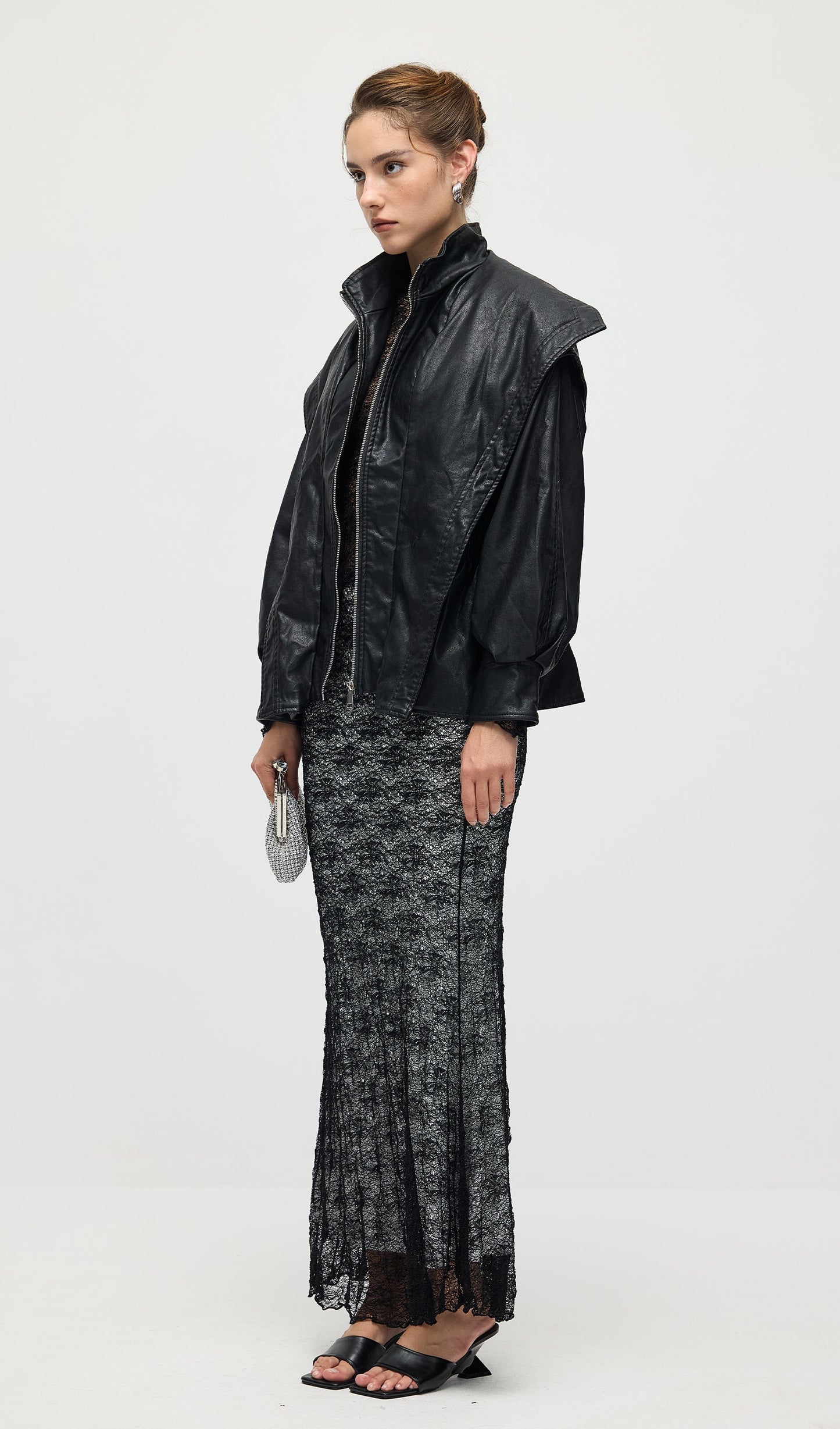 Waisted Lapel Leather Jacket In Black