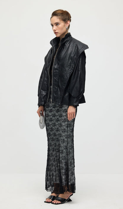 Waisted Lapel Leather Jacket In Black