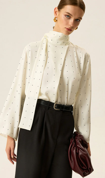 Polka Dot Satin High-Neck Blouse