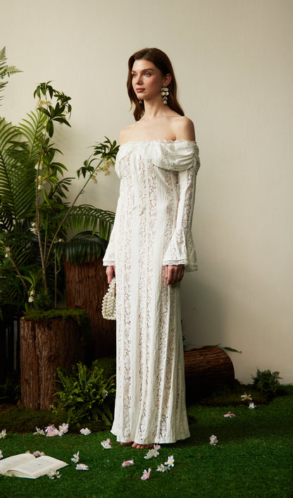 Vintage Floral Lace Off Shoulder Maxi Dress