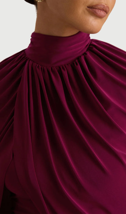 High-Neck Midi Dress With Cape-Sleeves