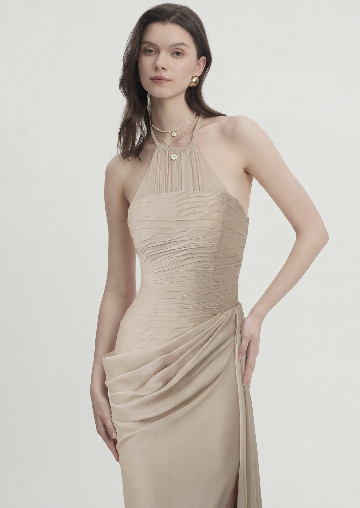 Halter Neck Asymmetrical Ruching Maxi Dress