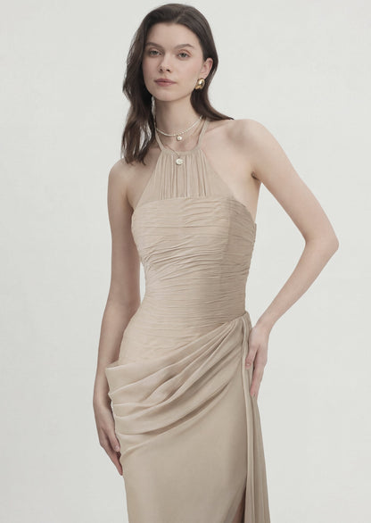 Halter Neck Asymmetrical Ruching Maxi Dress