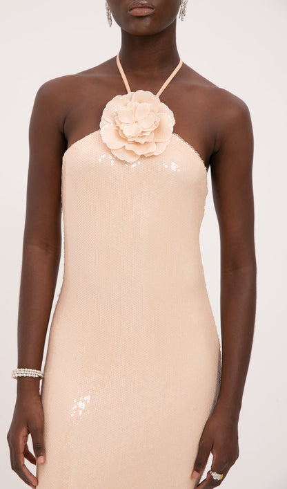 Trendy Floral Halter Neck Sequined Maxi Dress