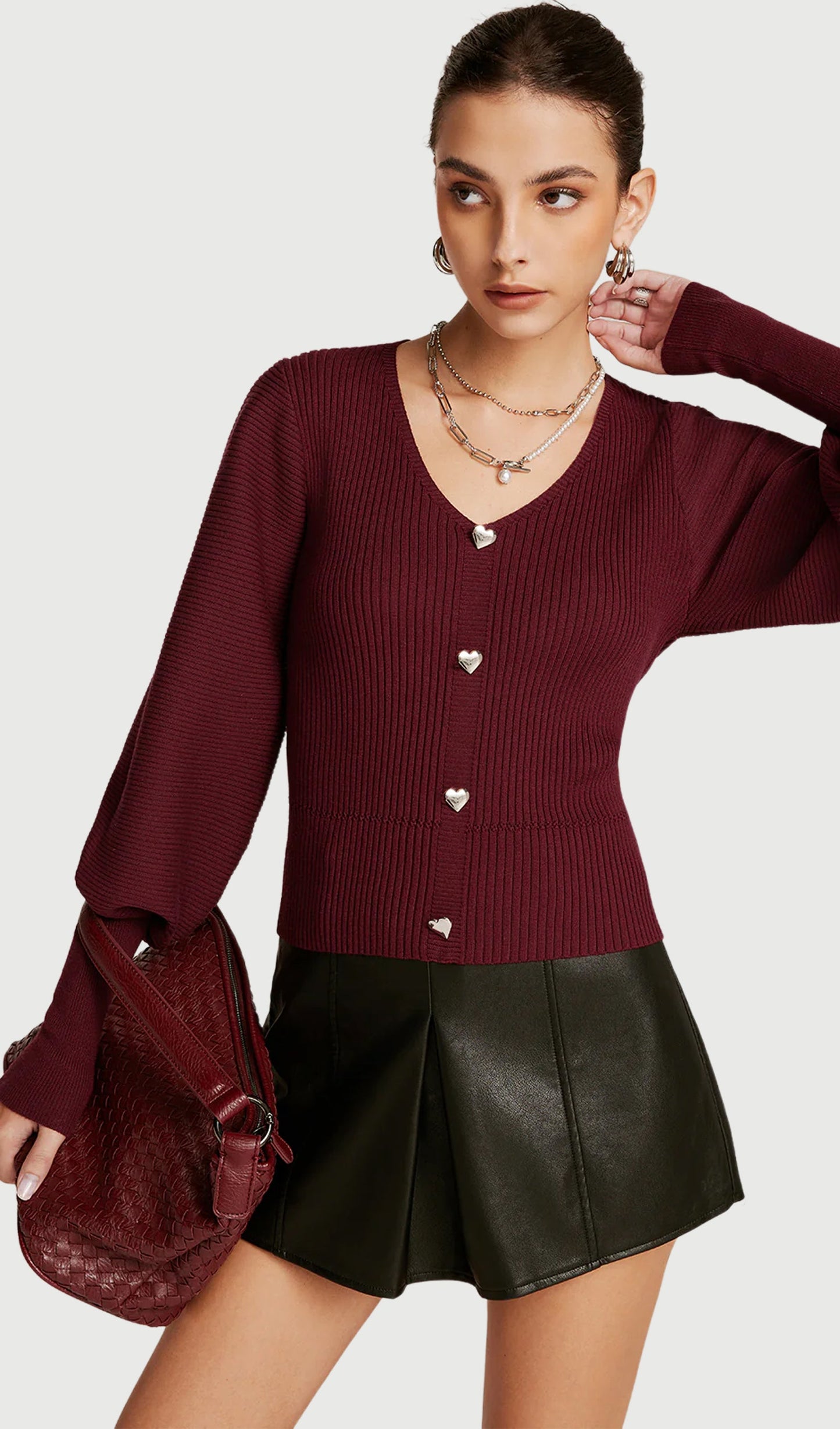 Lantern Sleeve V Neck Sweater