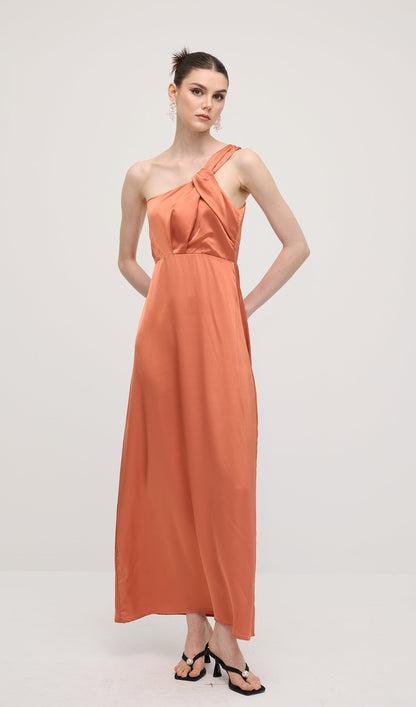 One Shoulder Draping Feature Midi Dress In Rose Brown