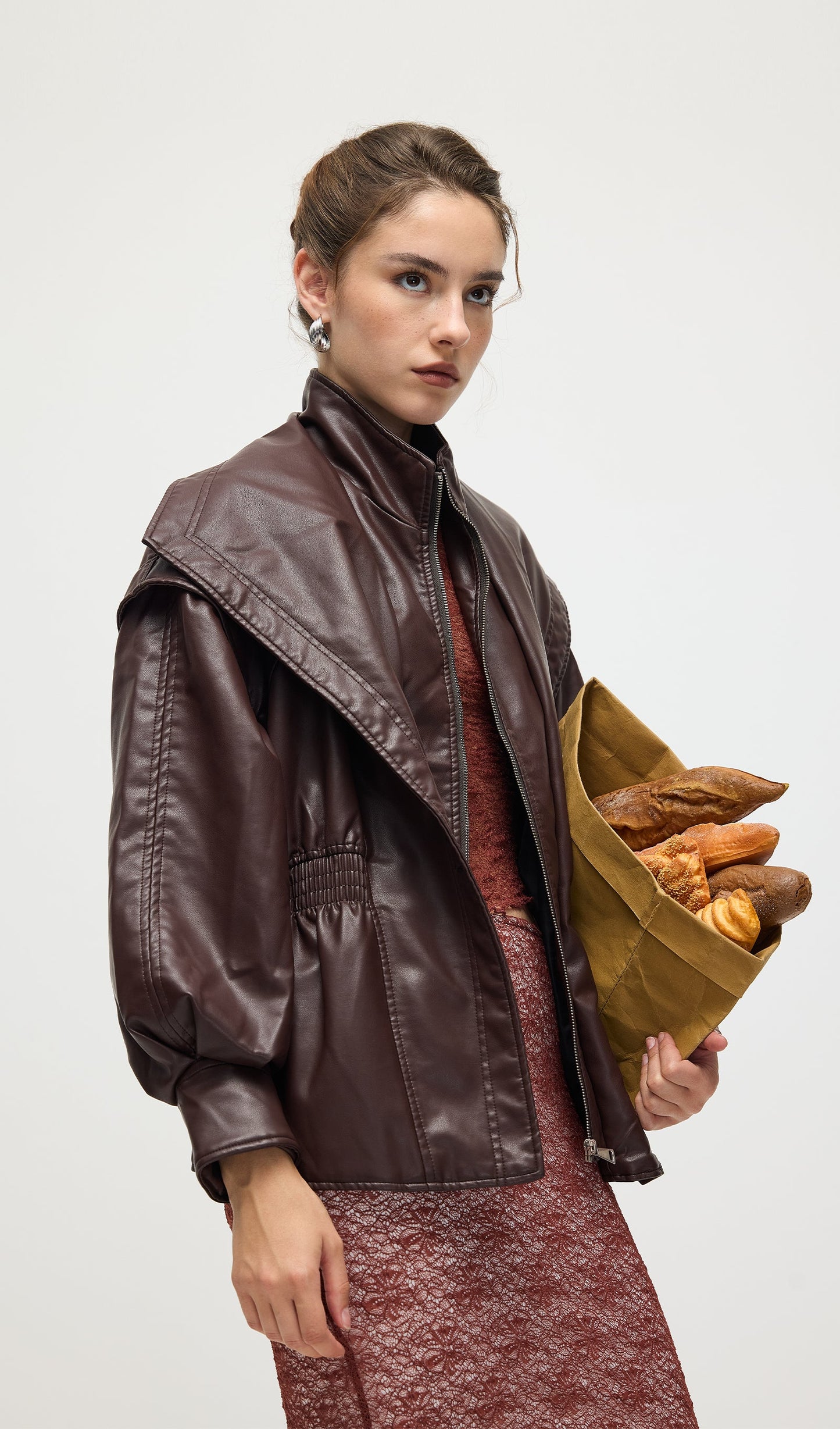 Waisted Lapel Leather Jacket In Brown