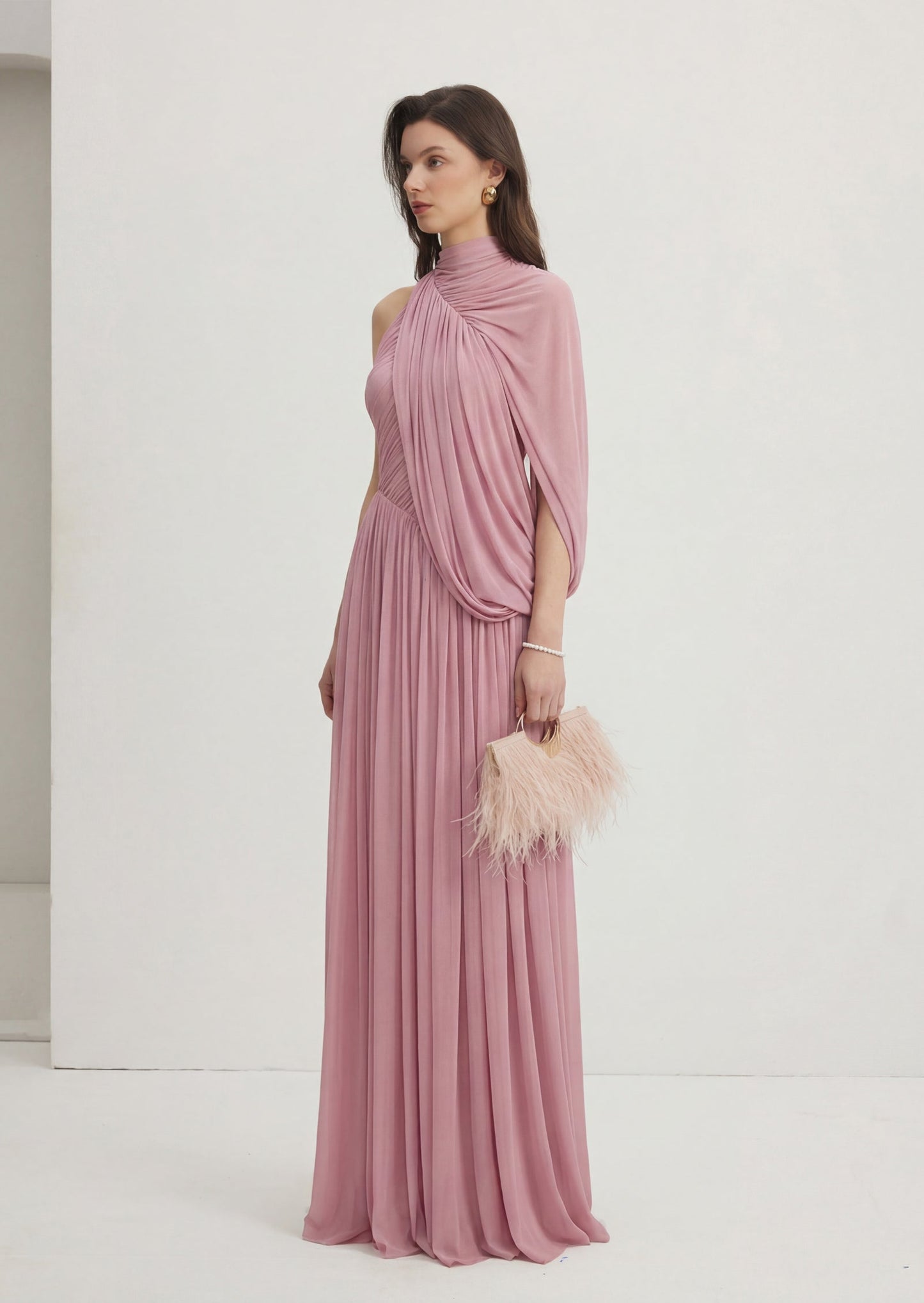 Dusty Pink One Sleeve Draped Maxi Dress
