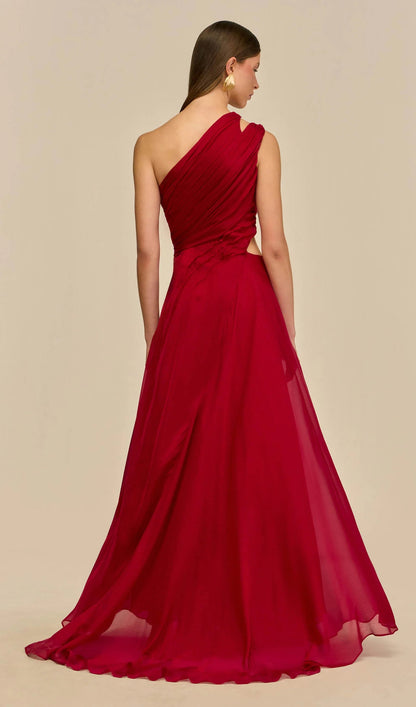 Draped One Shoulder Silk Gown In Red