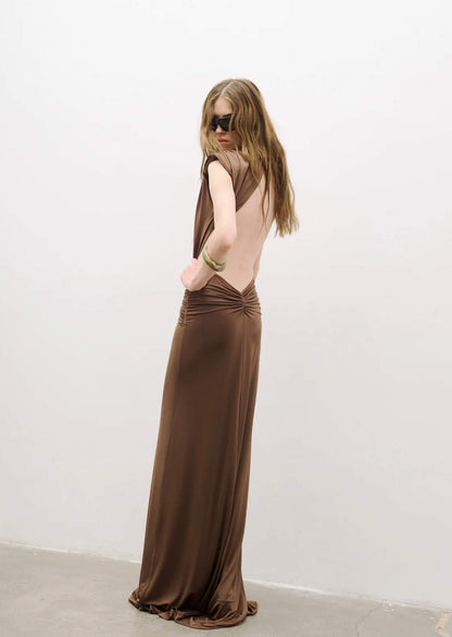 V-Neckline Open Back Maxi Dress With Daped Details
