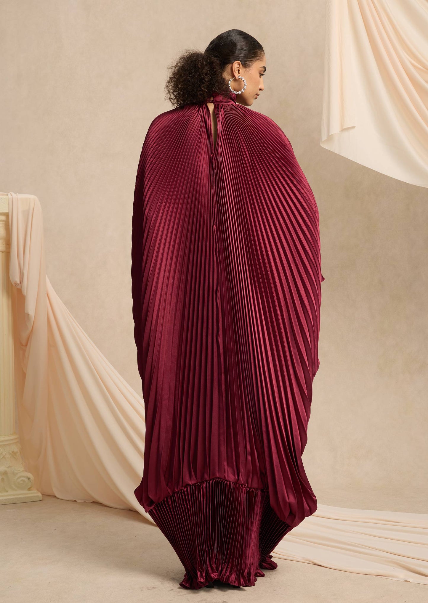 Hiba V Neckline Pleats Ruffled Maxi Dress In Burgundy