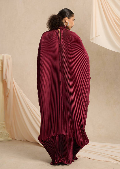 Hiba V Neckline Pleats Ruffled Maxi Dress In Burgundy