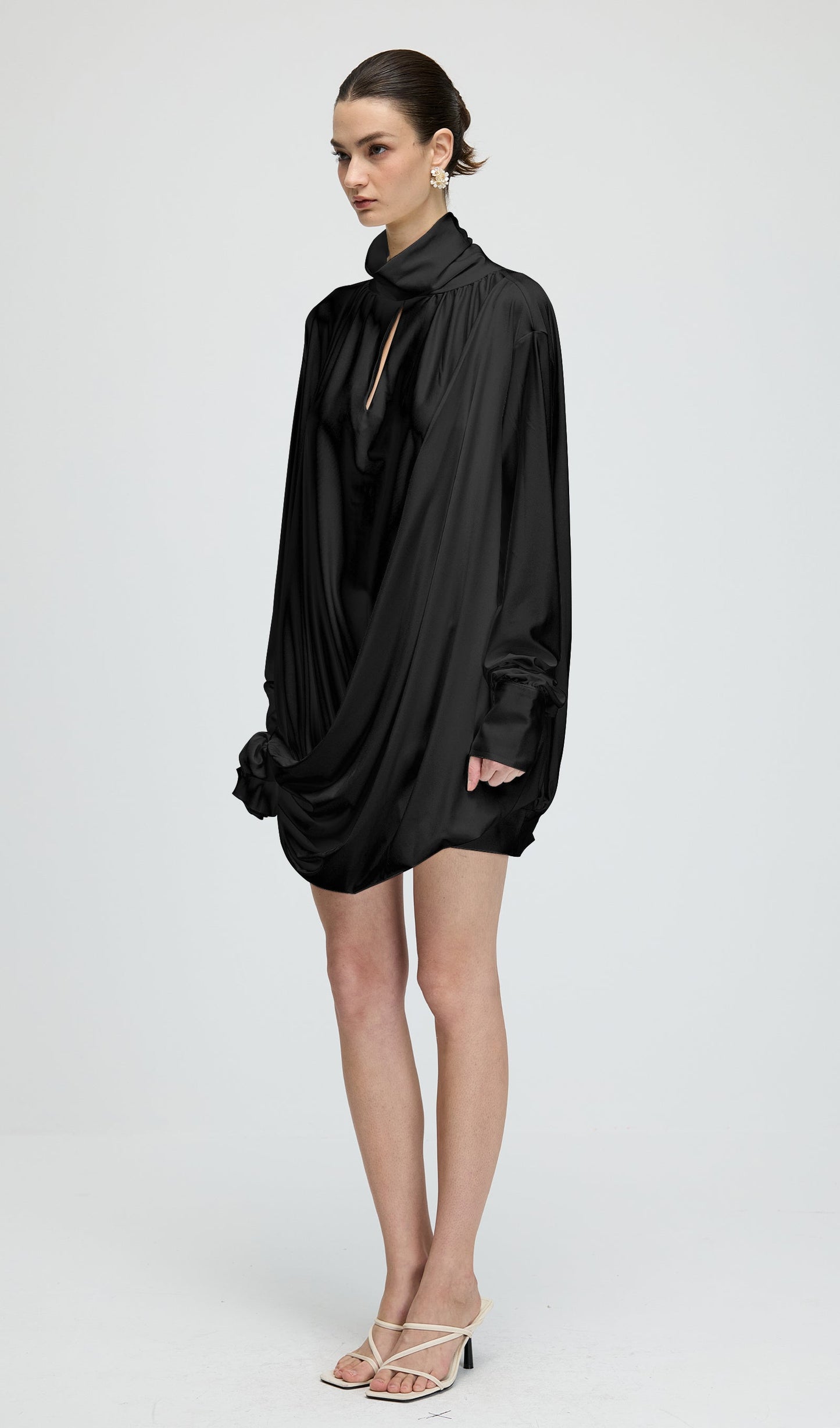 Flower Cut Out Mesh Ruched Mini Dress In Black