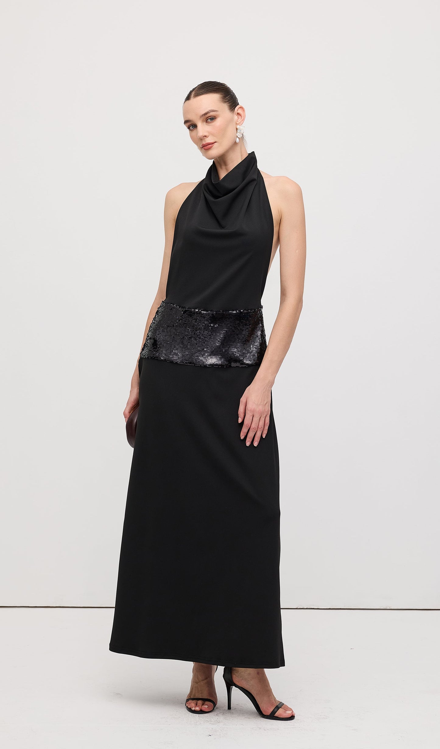 Draped Cowl Neck Open Back Maxi Dress