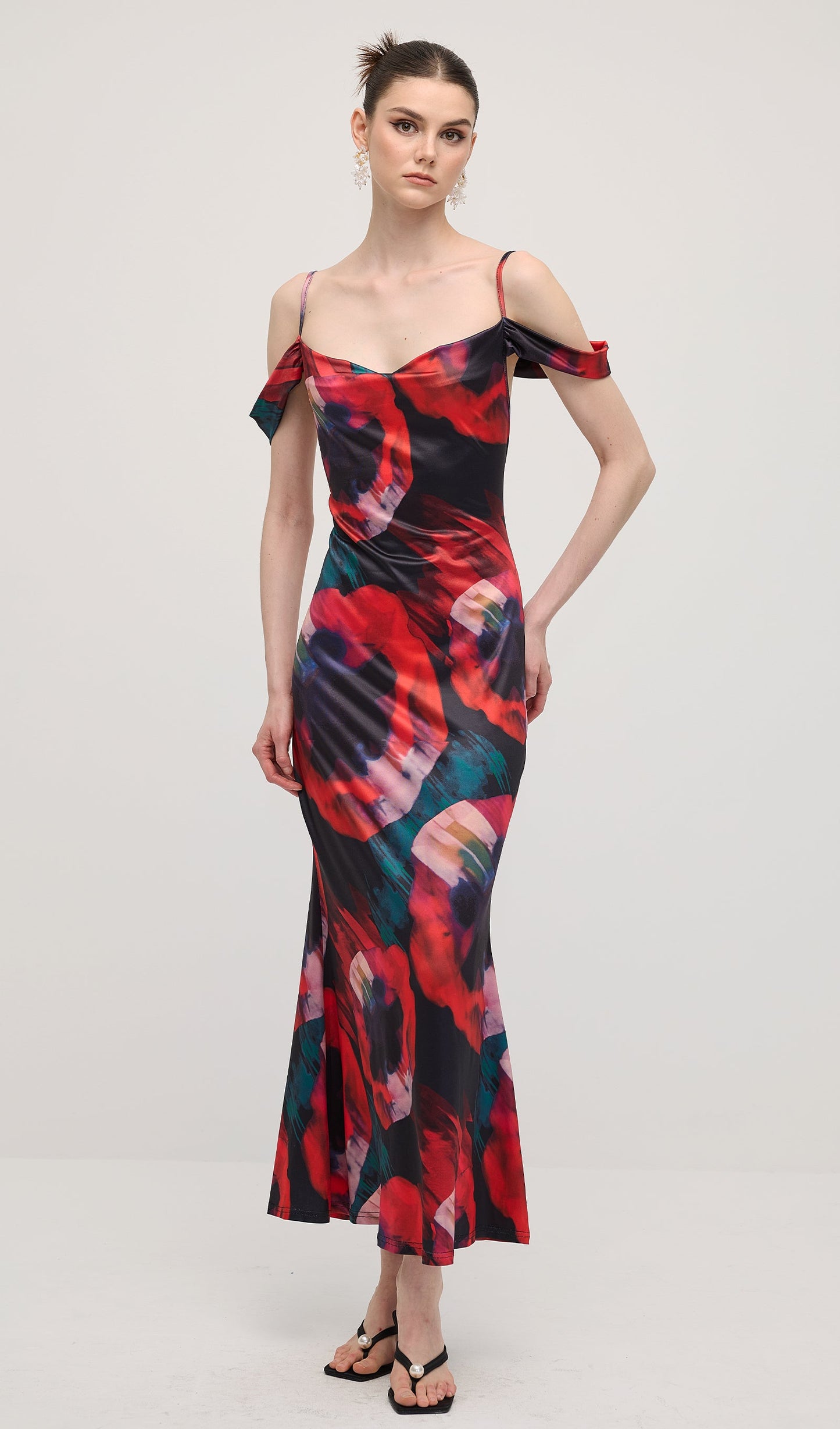 Abstract Floral Print Slip Maxi Dress