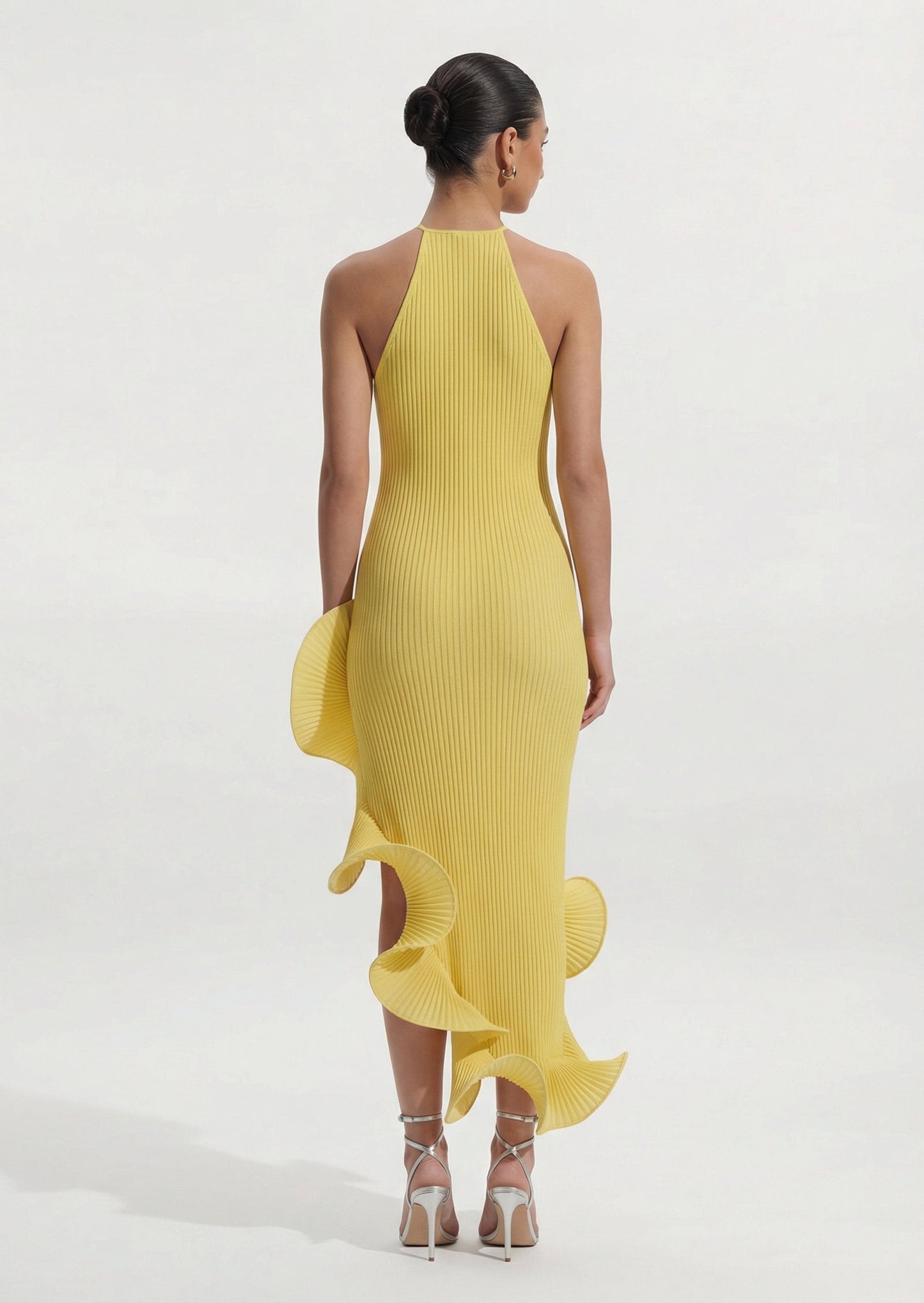 Pleated Sleeveless Irregular Ruffle Midi Dress In Yellow