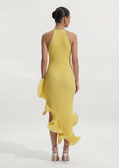 Pleated Sleeveless Irregular Ruffle Midi Dress In Yellow