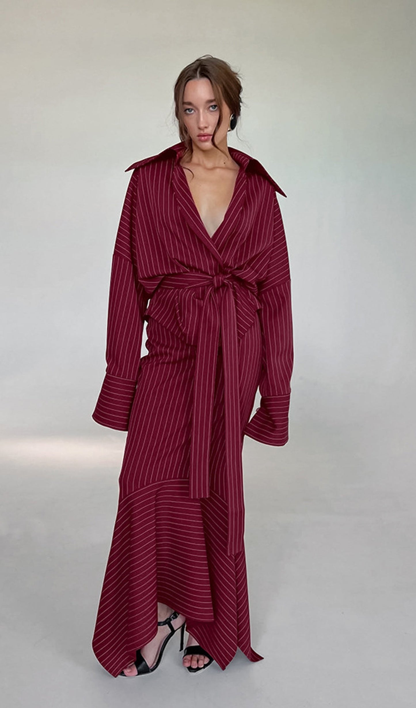 Striped Deep V Neck Tie-Up Maxi Skirt Two Piece Set