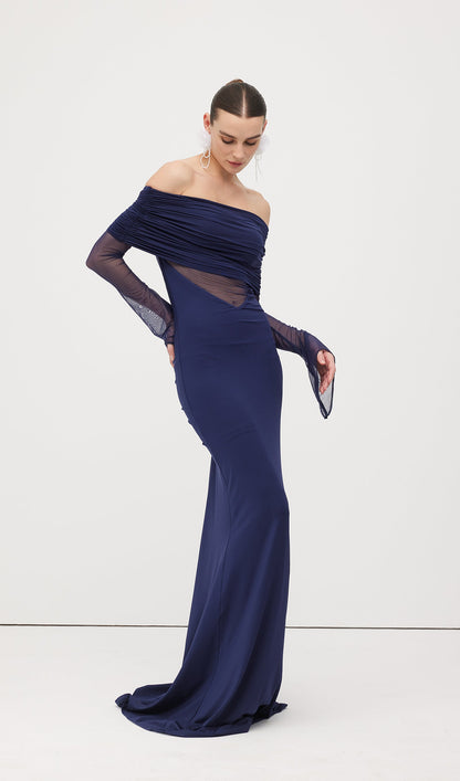 One Shoulder Slinky Ruched Maxi Dress-Blue