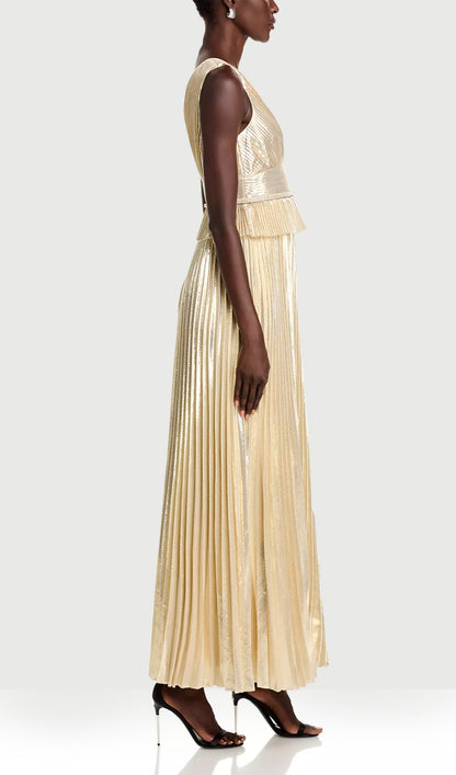 Gold Metallic V Neck Maxi Dress
