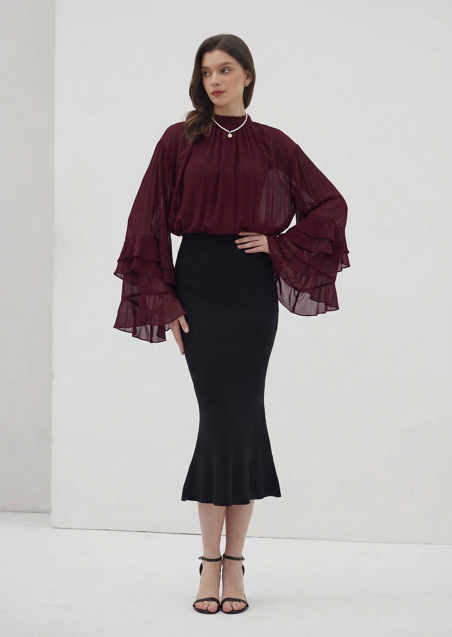 Sofie Ruffle Blouse In Burgundy