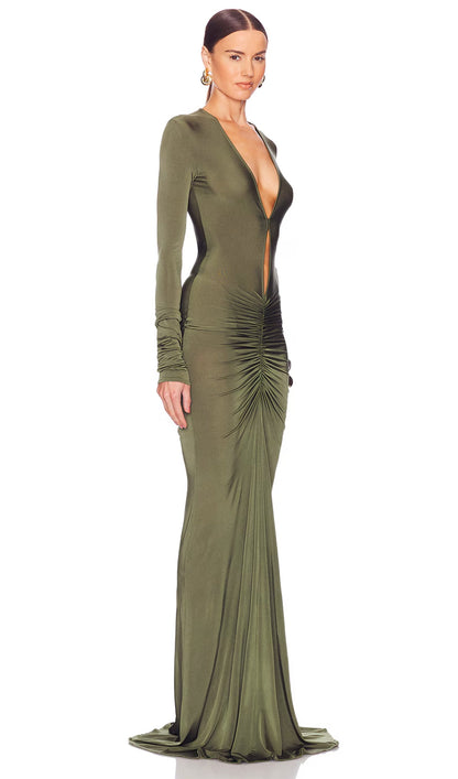 V Neck Ruched Maxi Dress
