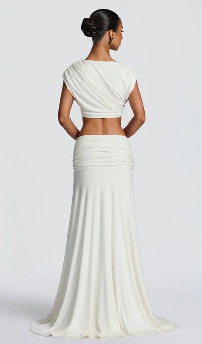 High Boat Neckline & Maxi Drape Skirt Set In Ivory