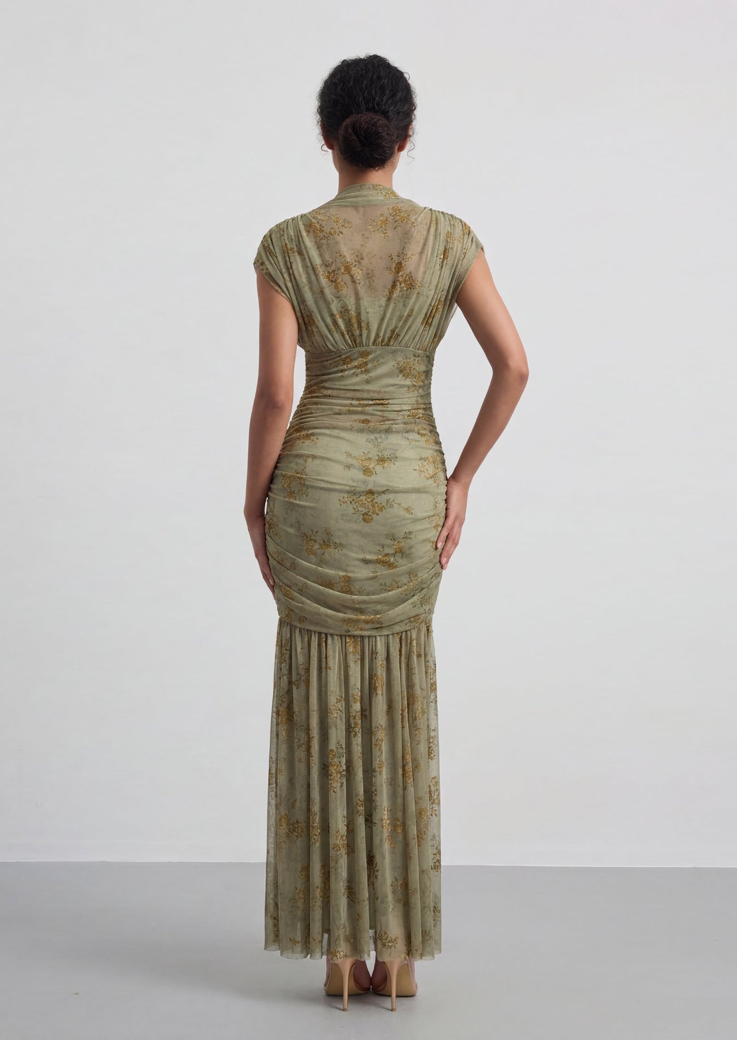 Haruna Floral Ruched Mesh Maxi Dress