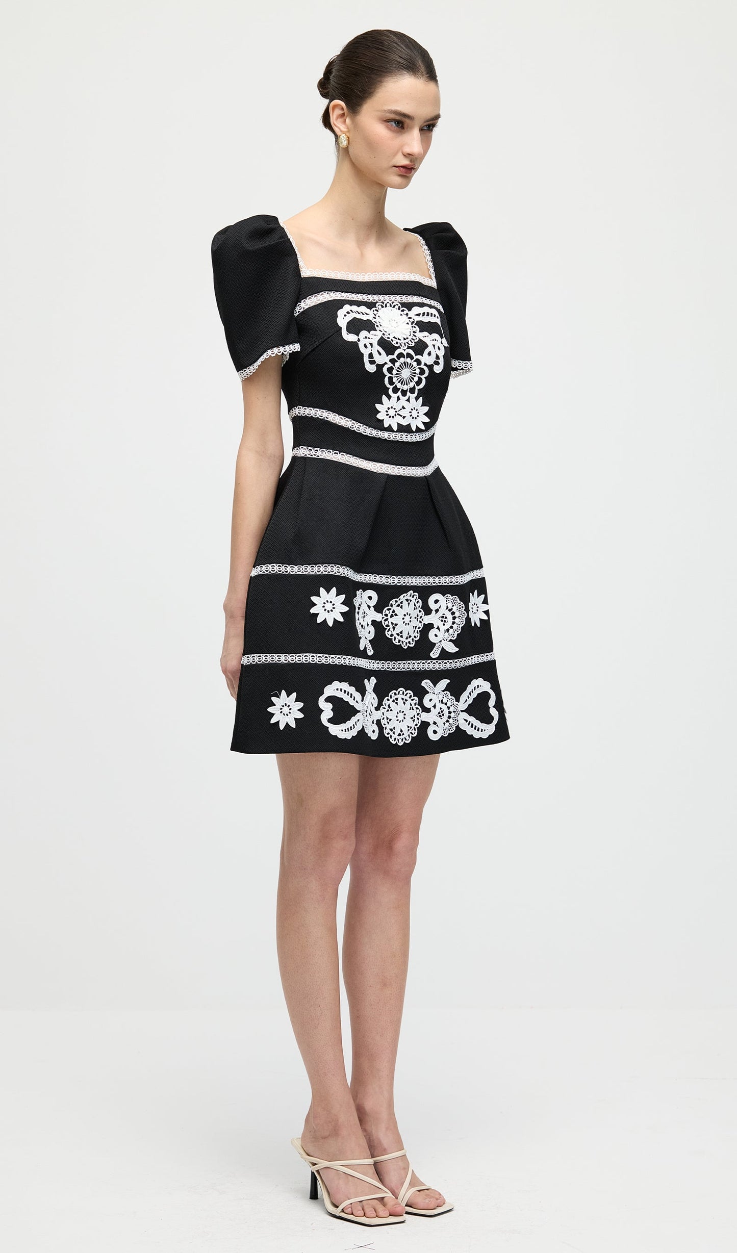 A Line Embroidered Puff Sleeves Mini Dress