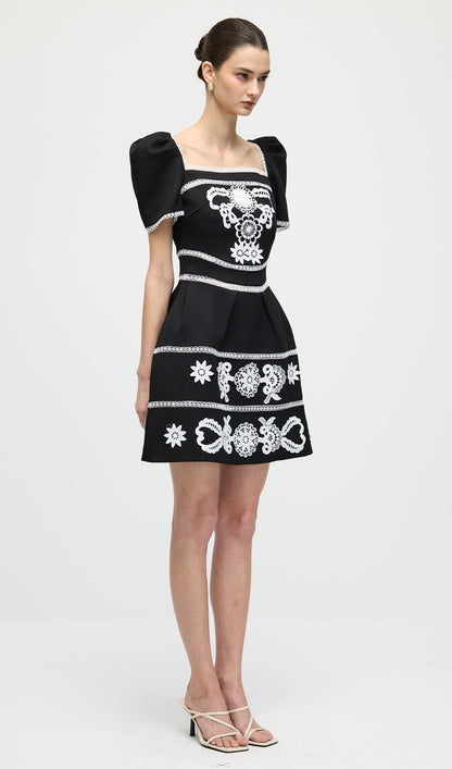 A Line Embroidered Puff Sleeves Mini Dress