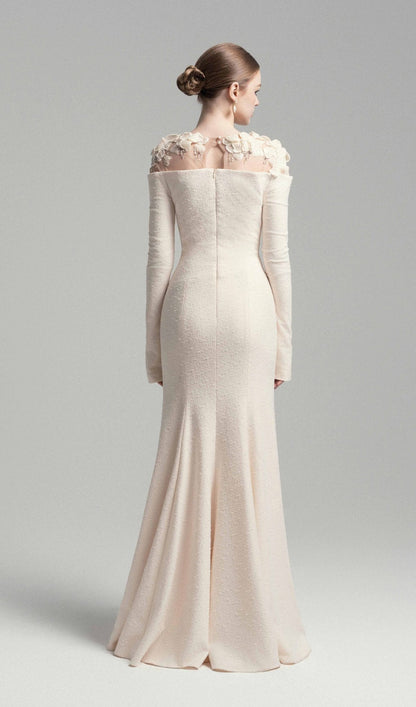 Draped Crystal Midi Dress In Cream