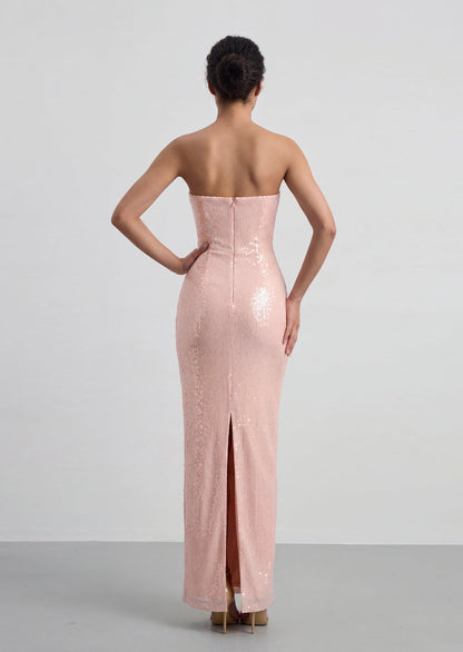 Cambria Bow Sequin Scalloped Maxi Dress In Pink