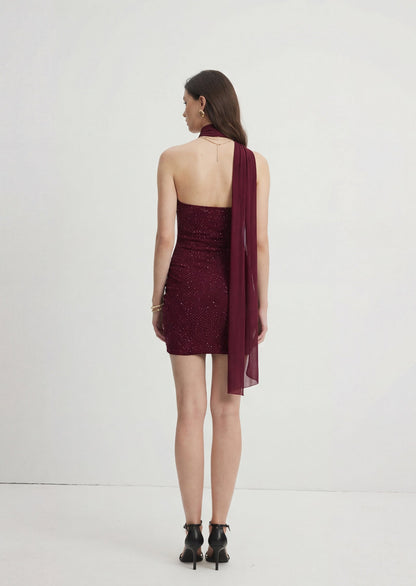 Diamante Mini Dress With Scarf In Plum