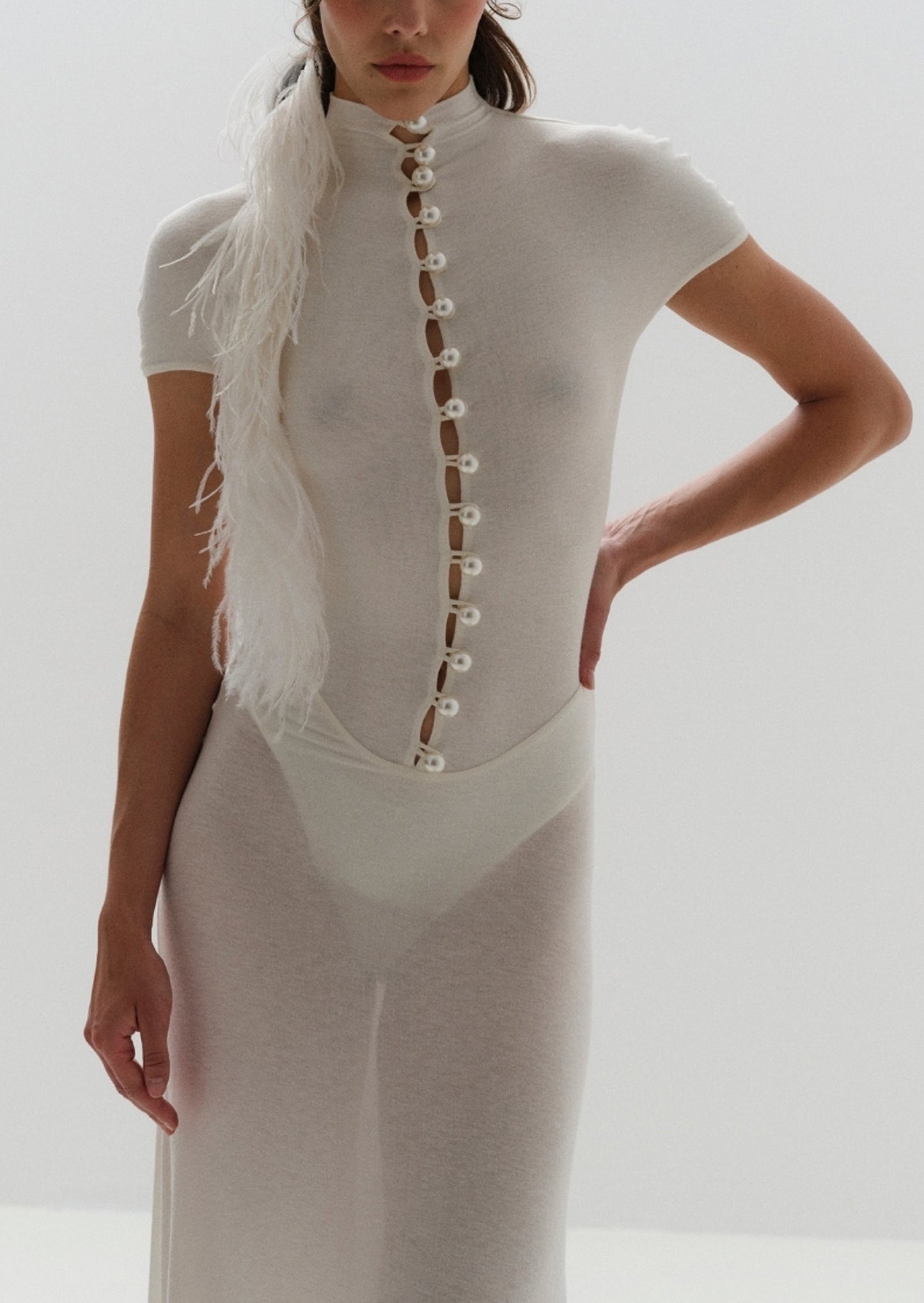 Short Sleeved Sheer Button Maxi Dress In White