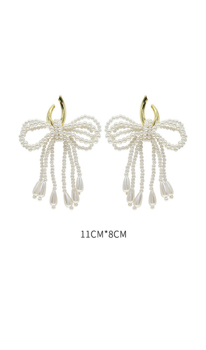 Pearl Bow Dangle Drop Hoop Earrings