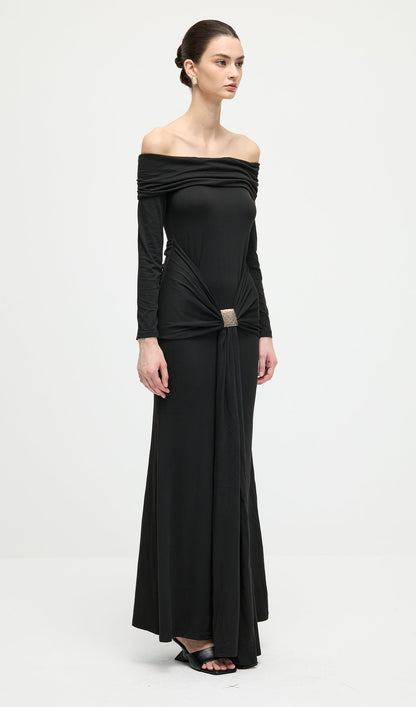 Off Shoulder Ruffle Maxi Dress In Black