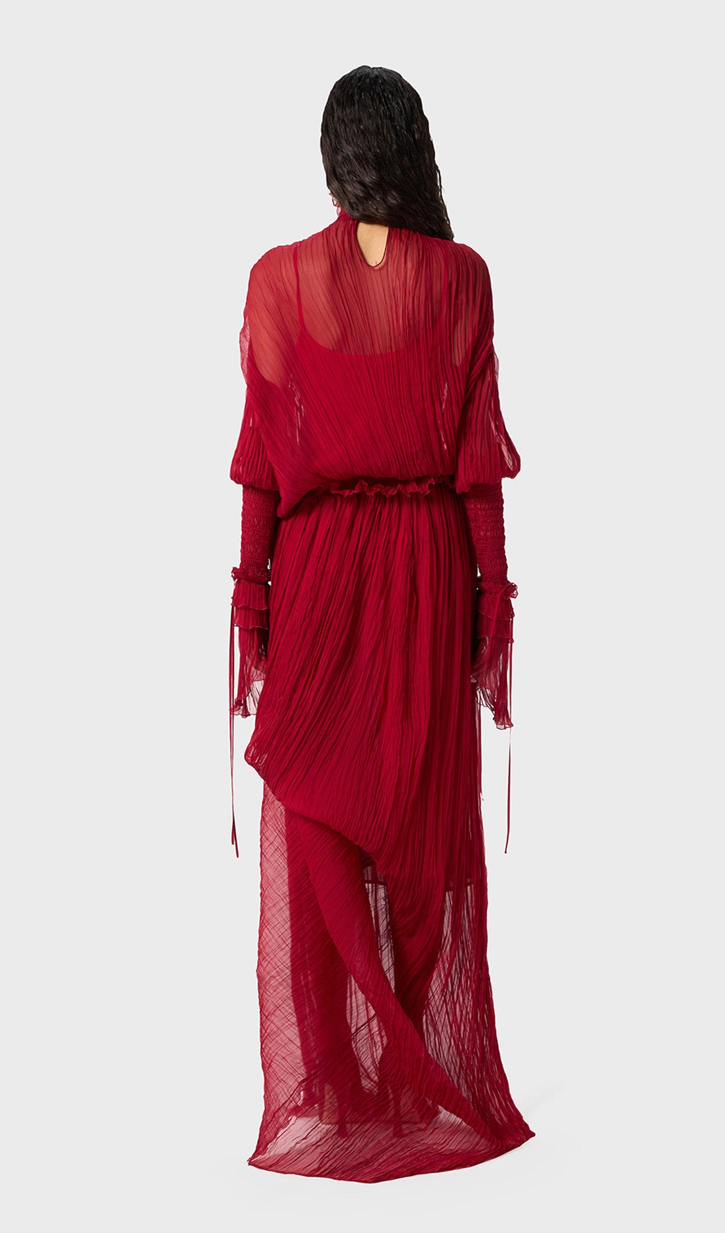 Pleated Silk-Chiffon Slit Maxi Dress In Red