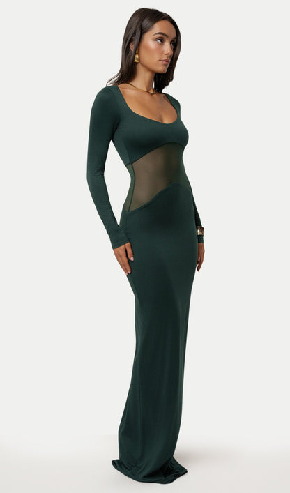 Solid Sheer Knit Curve Maxi Dress In Green