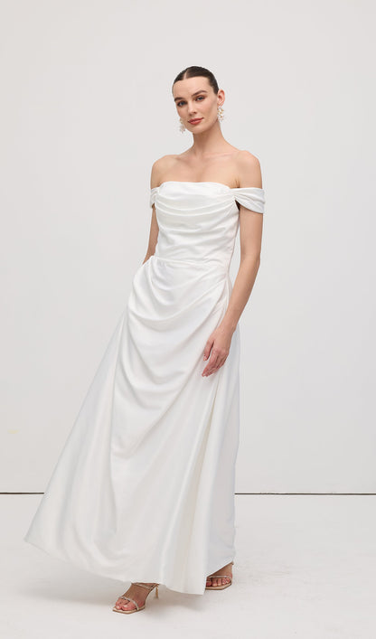 Off Shoulder Satin Maxi Dress