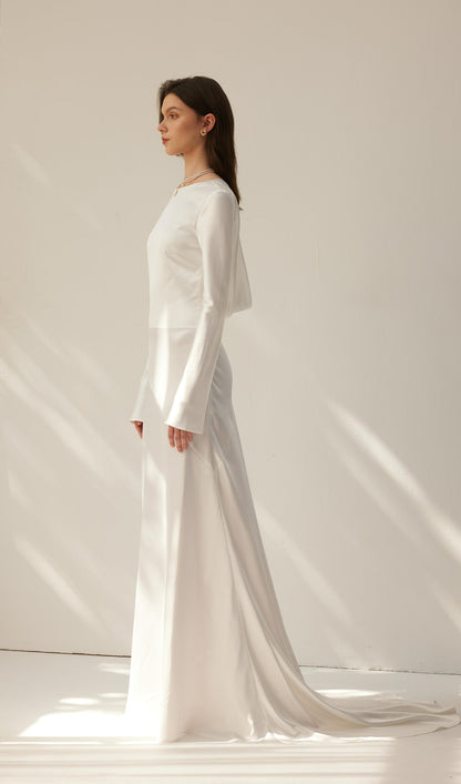 White Satin Long Sleeved Slim Evening Dress