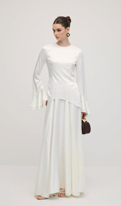 Asymmetrical Draped Bodice Ruffle Maxi Dress
