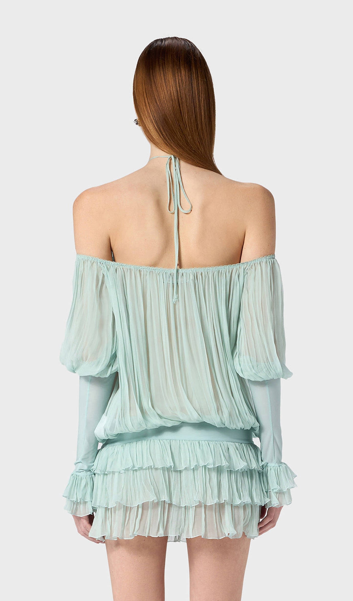 Long Sleeve Pleated Dress In Pale Blue