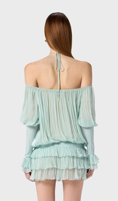 Long Sleeve Pleated Dress In Pale Blue