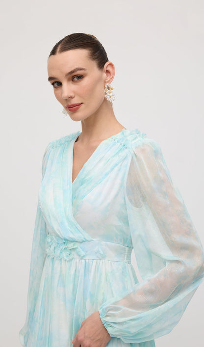 V Neck Ruched Waist Pleated Midi Dress