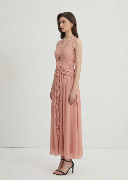 Vilisa V Neck Sleeveless Folds Midi Dress