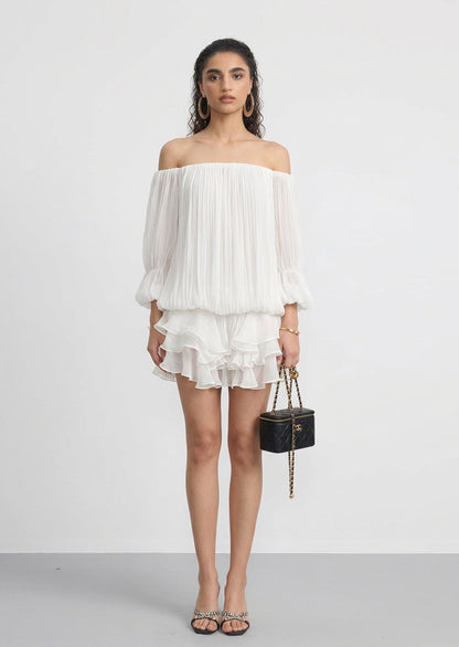Oralee Off Shoulder Organza Mini Dress In White