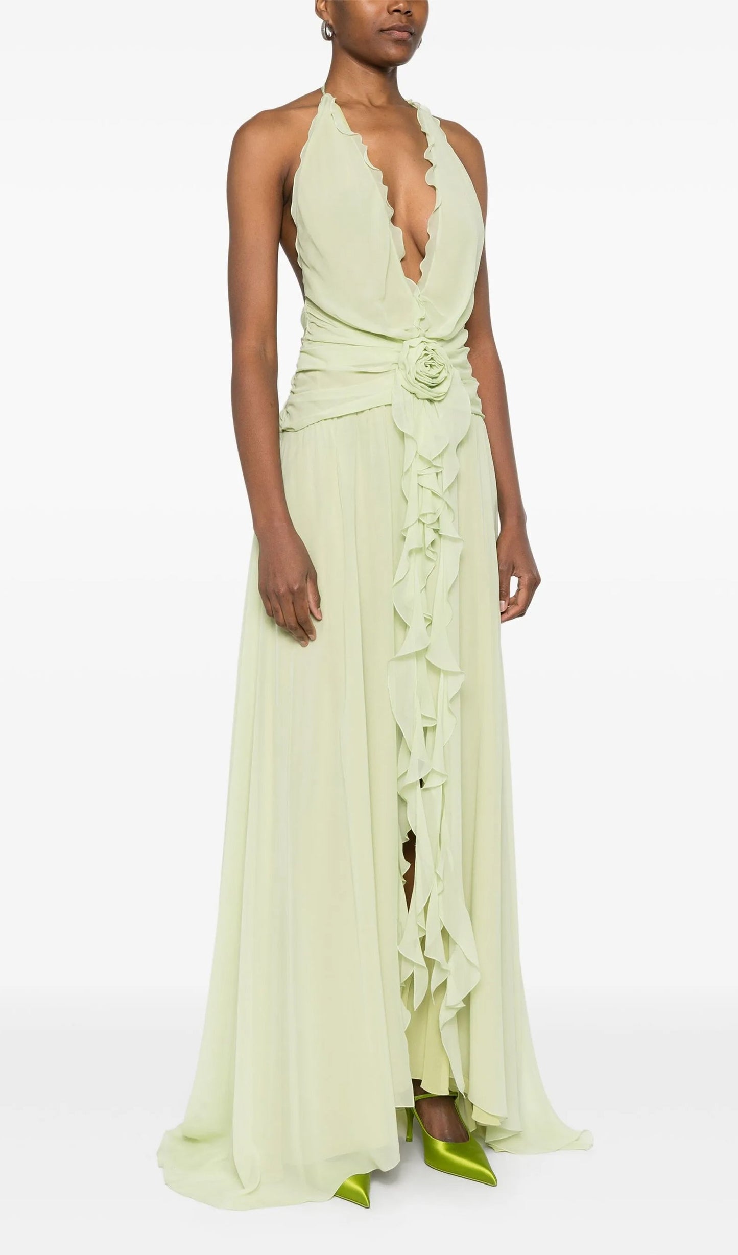Halter Ruffles Rose Decoration Maxi Dress