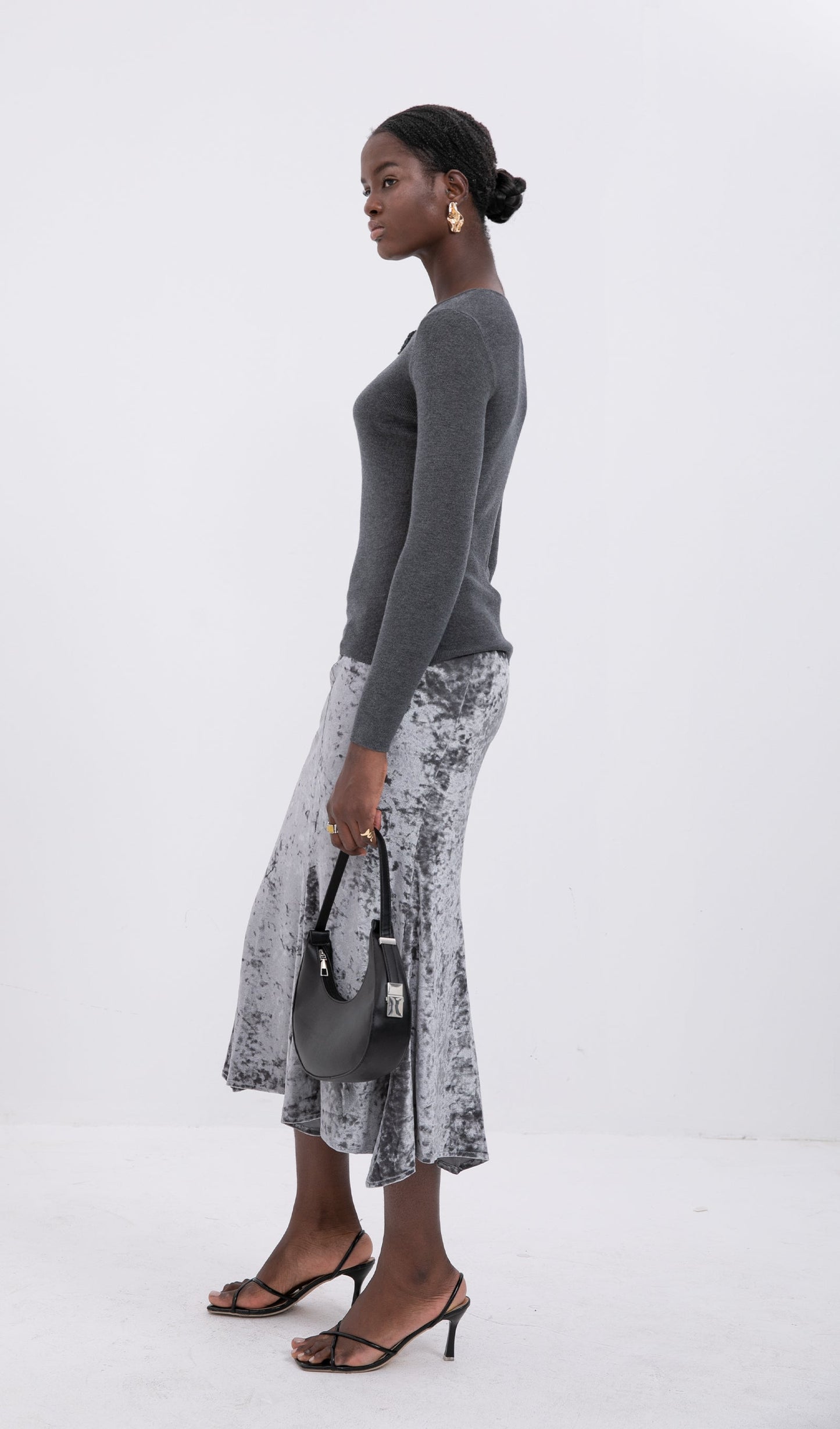 Trendy High Waist Velvet Midi Skirt-Silver